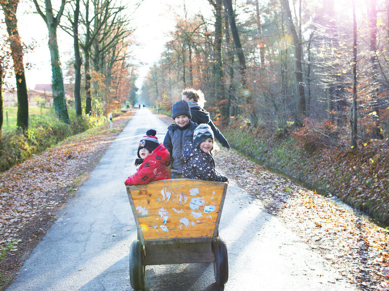 Familienhotel Landhus Laurenz im Münsterland: Kinder sitzen im Bollerwagen auf Teerstraße im Wald
