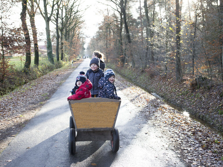 Familienhotel Landhus Laurenz im Münsterland: Kinder im Bollerwagen auf Teerweg im Wald