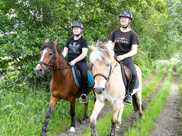 Familienhotel Landhus Laurenz im Münsterland: Zwei Pferde mit zwei Mädchen reiten aus Familienhotel Landhus Laurenz im Münsterland: Zwei Pferde mit zwei Mädchen reiten aus